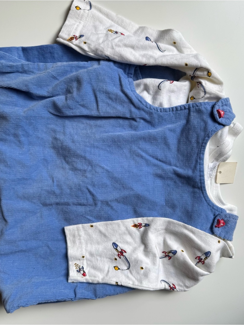 Blue Corduroy Kids Romper with White Rocket-Print Sleeves